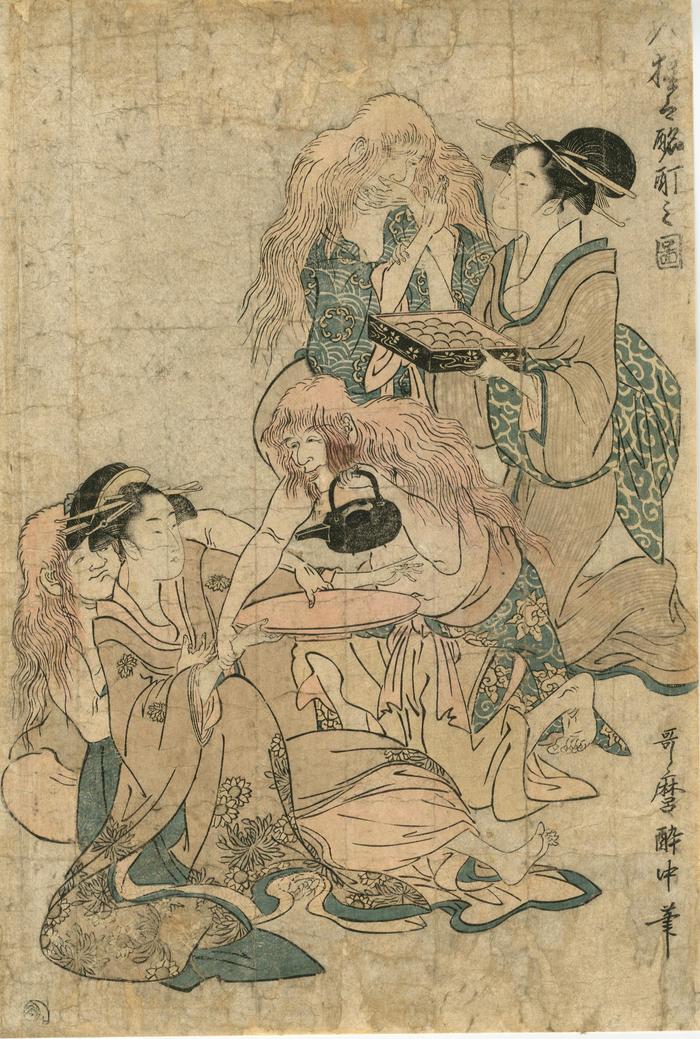 <i>7 Imaginary Chinese Creatures</i> (<i>shōjō</i>)<i> in a Drunken State</i> (<i>Shichi-nin shōjō zuburoku no zu</i> - 七人猩々酩酊之図) - left panel of a triptych