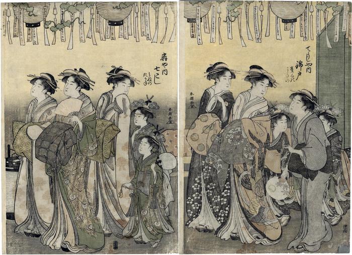 Courtesans parading under lanterns: Nishikido (錦戸) of the Chōjiya, <i>kamuro</i> Kikuno (きくの) and Utano (うたの) in the right panel; Nanakoshi (七こし) of the Ōgiya (扇や), <i>kamuro</i> Mineno (みねの) and Takane (たかね) in the left panel - These are the center and right hand panels of a triptych