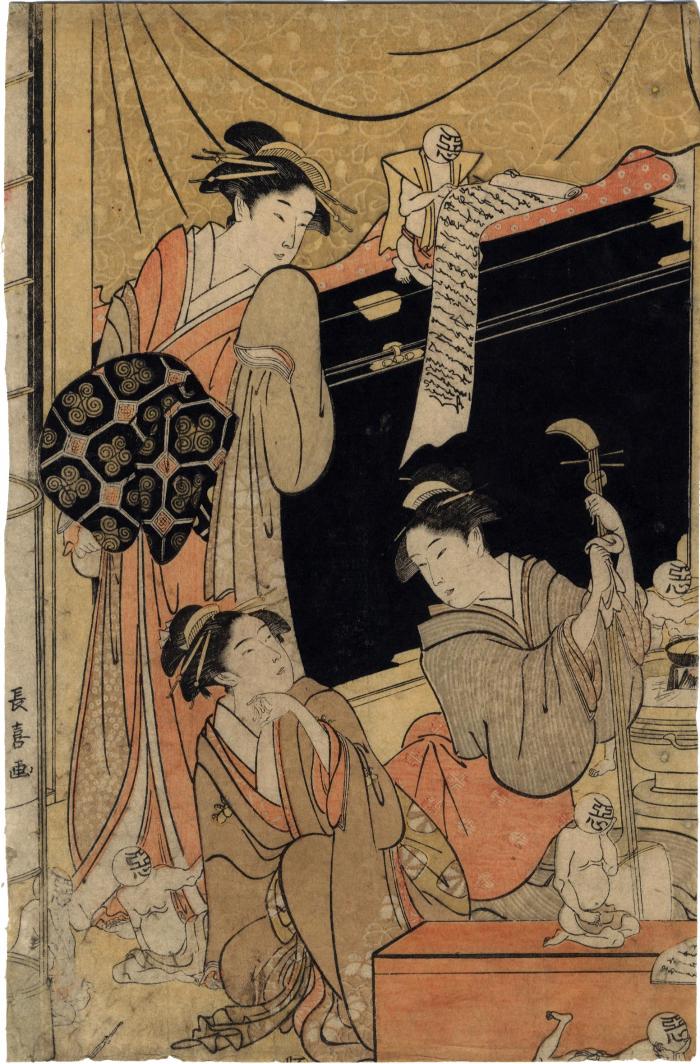 Courtesans in a brothel - left-hand panel from a triptych showing the forces of good and evil influences in the red-light district (遊郭善玉悪玉 - <i>Yūkaku zendama akudama</i>)